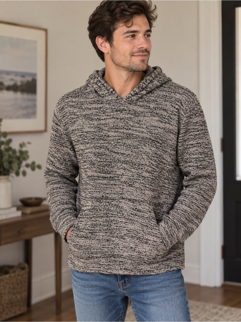 Vince Men’s Marled Cotton Knit Pullover Hoodie Sweater Gray Black M